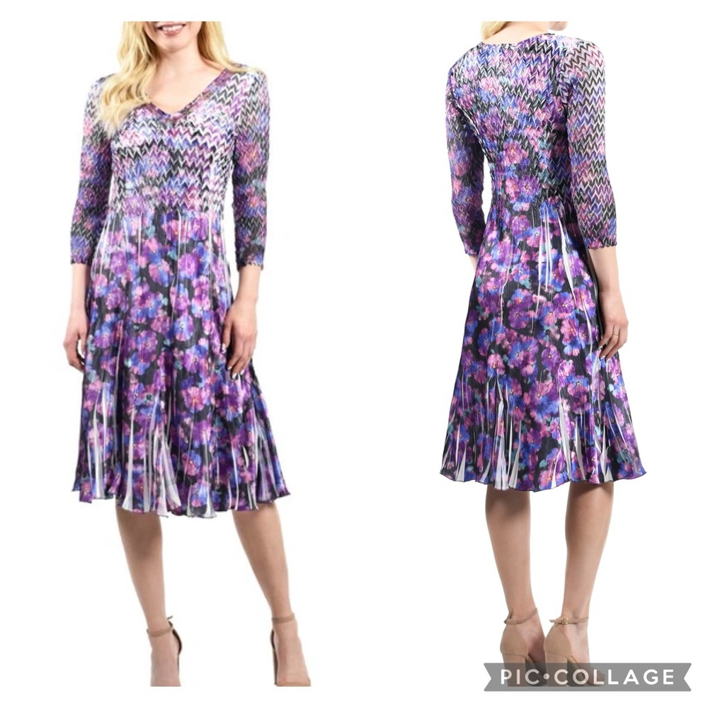 Komarow Purple Multi Floral Charmeuse & Chiffon Wrinkle Free Dress Size L